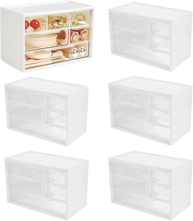LIPCHEEGO 6 Pcs Small Drawer Organizer for Desk, Mini Desktop Drawer Organizer with 6 Clear Drawers, Plastic Desktop Craft Storage Box for Desk Office School Home 7.1" x 3. 8" x 4.6" (White) - Image 1